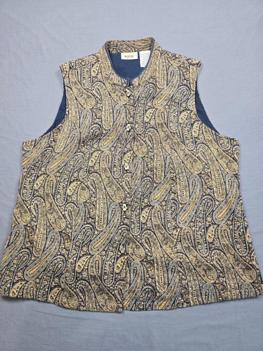 Units Womens 2X Vest Paisley Tapestry Button-Up Navy & Gold India-Made Boho